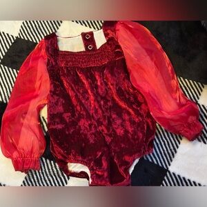 Velvet Red Kids Bodysuit with Sheer Sleeves